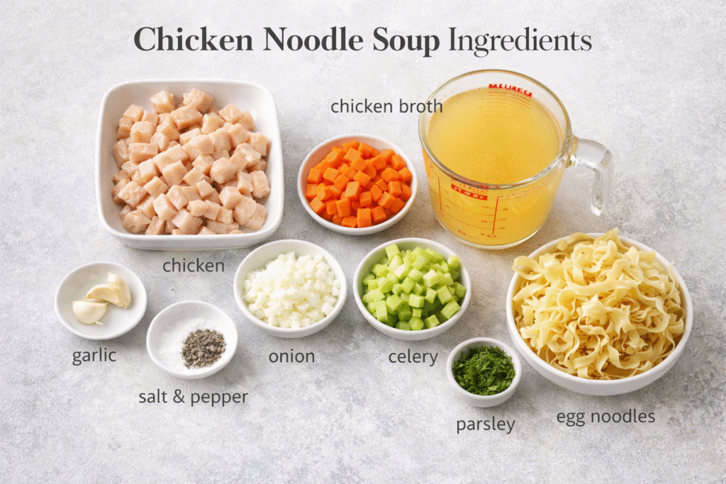 Fresh ingredients for homemade chicken noodle soup including chicken, egg noodles, carrots, celery, onion, garlic, chicken broth, parsley, salt, and pepper