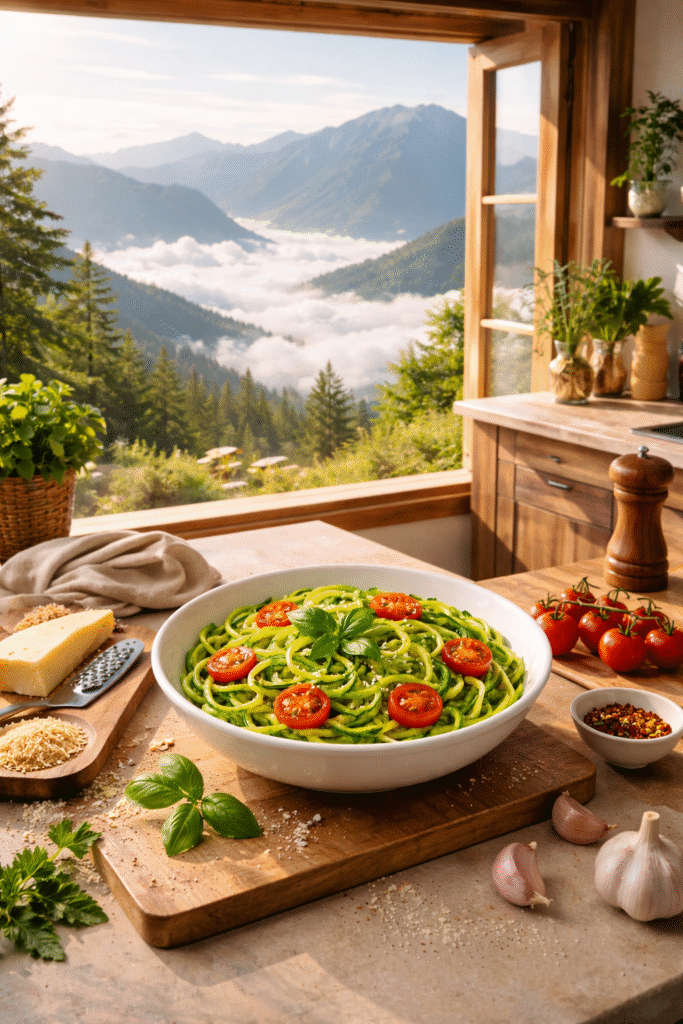 Italian zucchini pasta served in a cozy mountain kitchen with scenic views above the clouds, highlighting a fresh and healthy homemade meal.