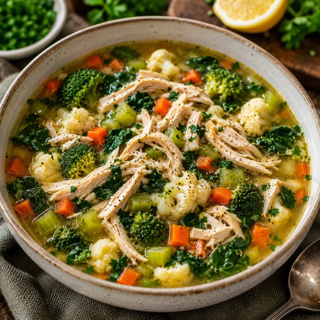 Low-Carb Quick Savory Chicken Soup made with shredded chicken, broccoli, cauliflower, celery, carrots, and leafy greens in a flavorful broth.