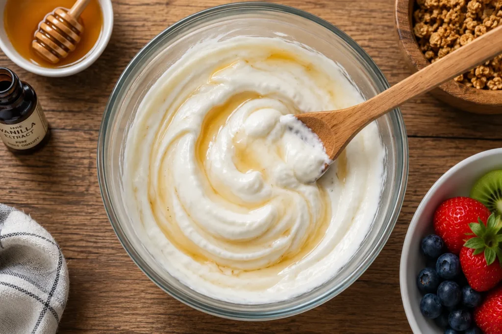 Greek yogurt mixed with honey and vanilla extract in a glass bowl for Skinny Yogurt Parfait Crunch Cups.