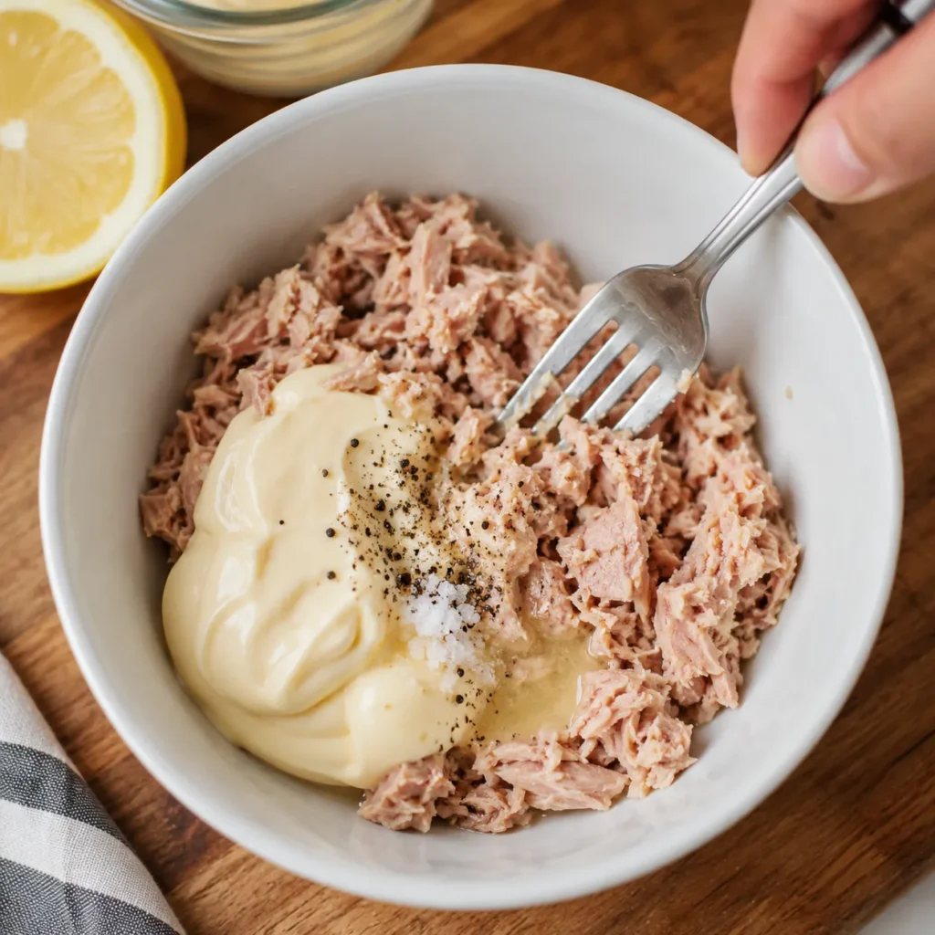Mixing canned tuna with mayonnaise, lemon juice, salt, and black pepper to make a creamy tuna filling.