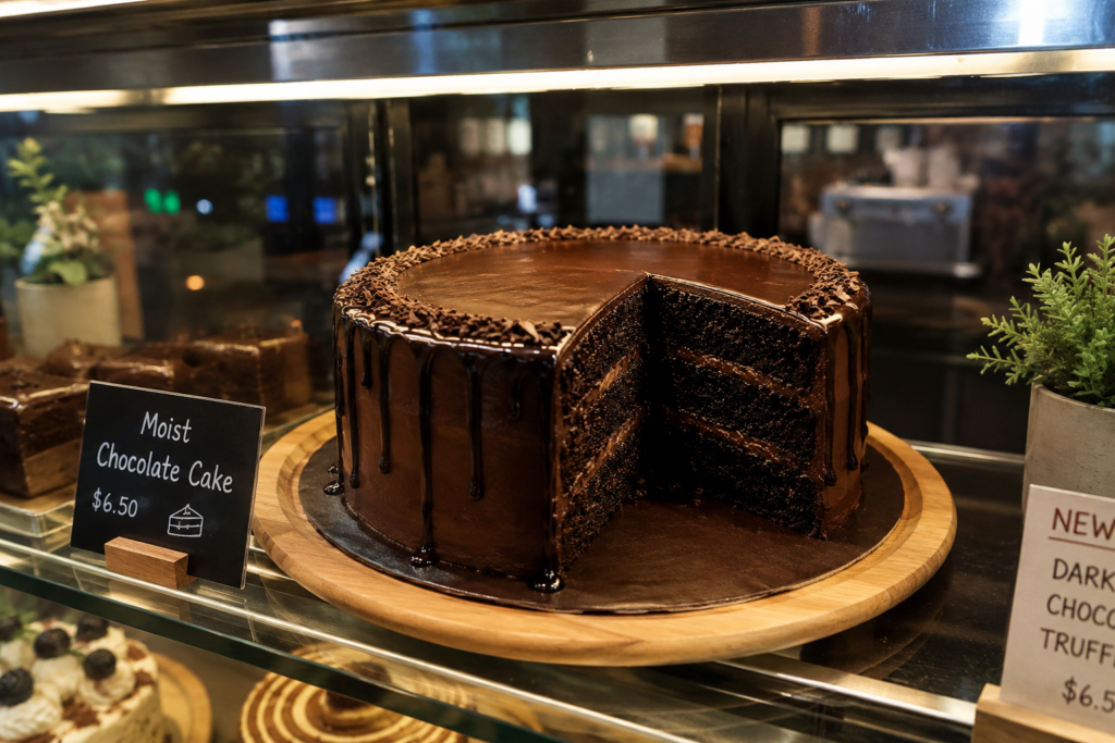 Moist chocolate cake with glossy ganache displayed inside a modern café dessert showcase