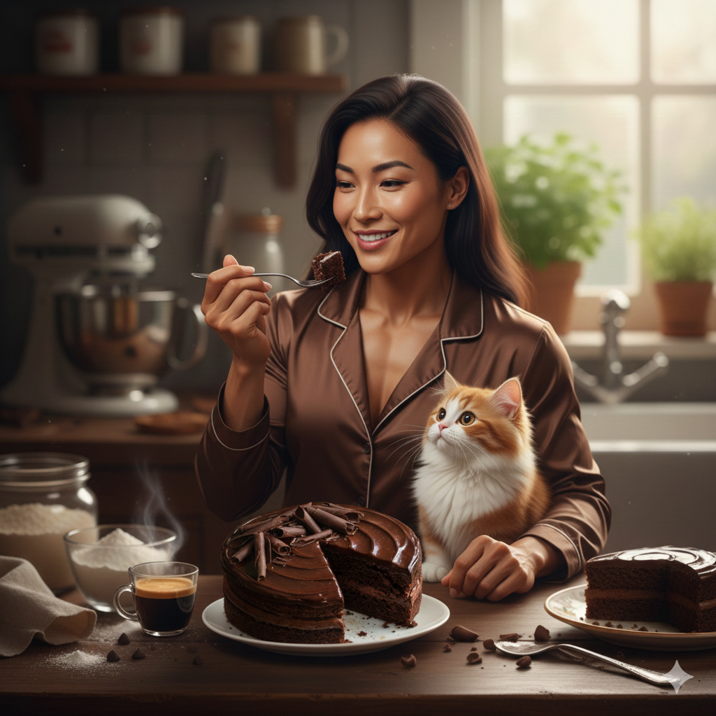 Delicious homemade chocolate ganache cake with a slice removed, served on a white plate next to a cup of freshly brewed espresso on a wooden table