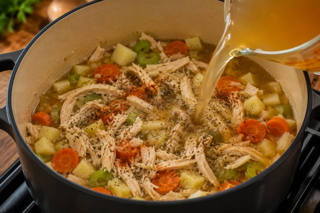 Chicken broth poured into a pot with shredded chicken, vegetables, herbs, and spices while making Quick Savory Chicken Soup.