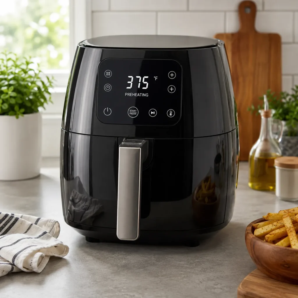 Modern air fryer preheating to 375°F (190°C) before cooking homemade crispy fries.