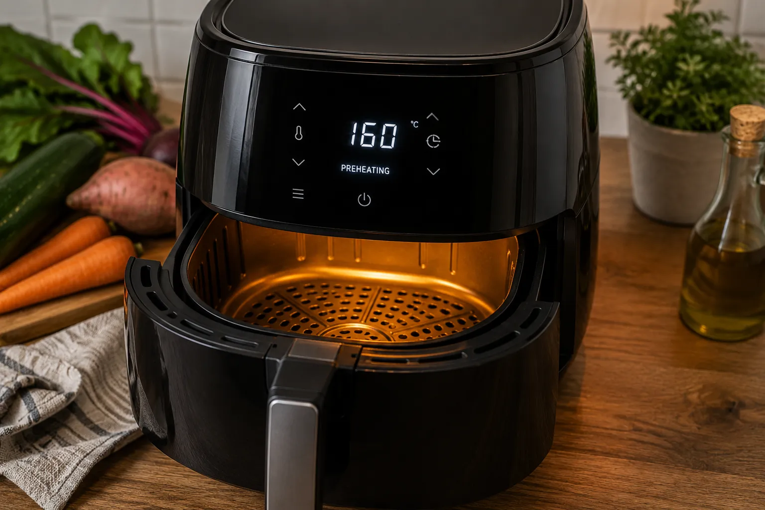 Modern air fryer preheating before cooking homemade Healthy Air Fryer Veggie Chips.