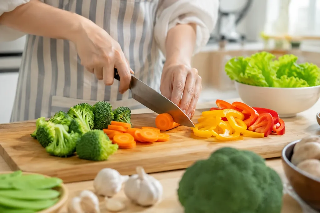 Hands slicing fresh carrots, broccoli, and bell peppers on a wooden cutting board while preparing homemade veggie stir-fry.