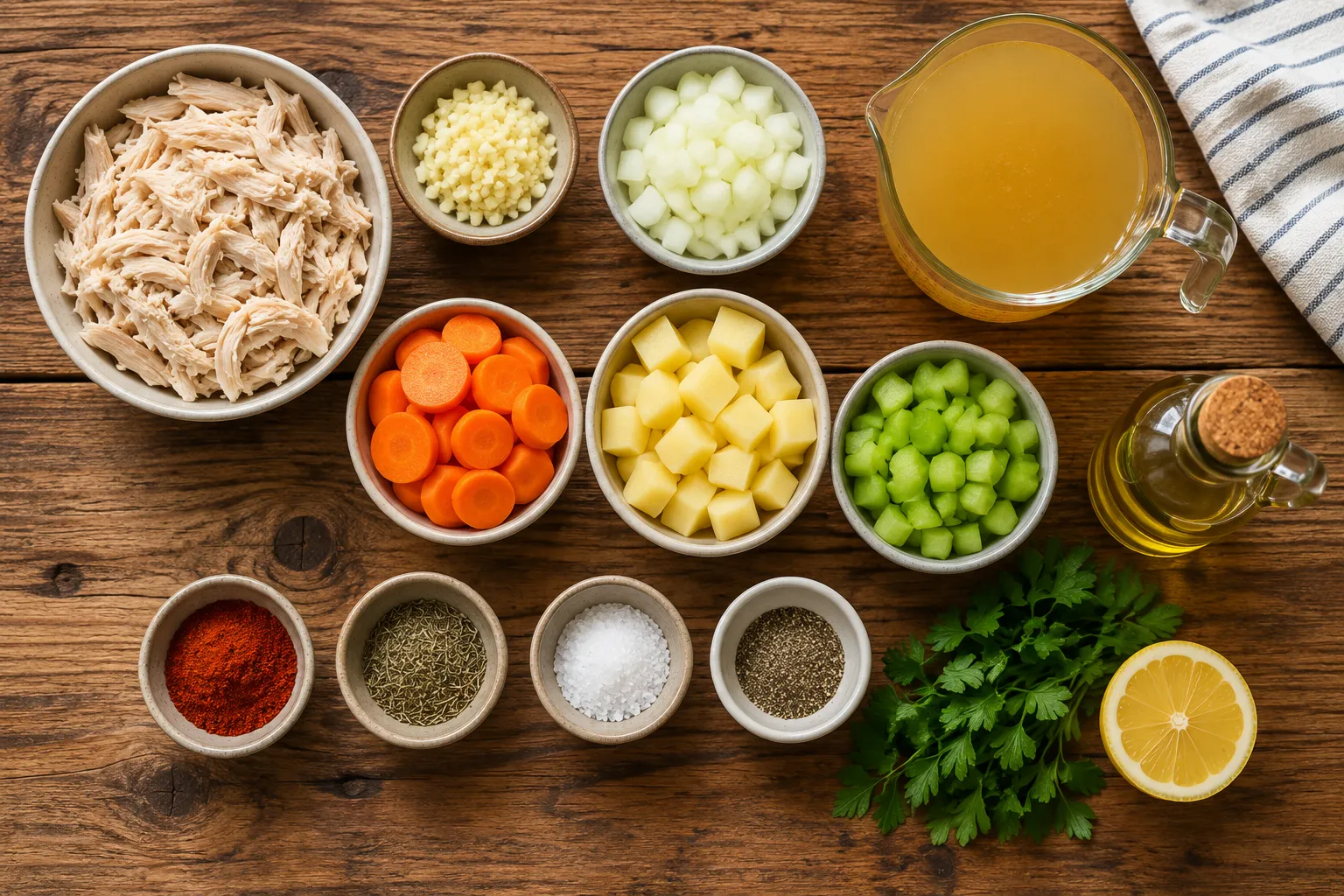 Fresh ingredients for Quick Savory Chicken Soup including shredded chicken, garlic, onion, carrots, potatoes, celery, chicken broth, herbs, and olive oil arranged on a wooden table.