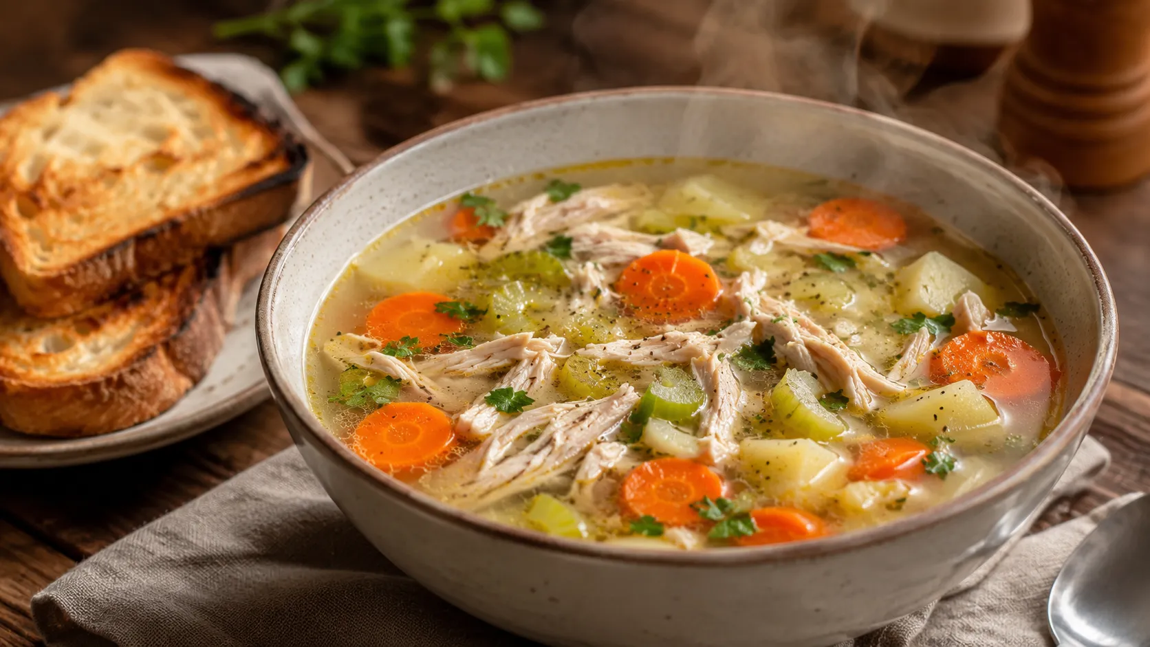 A steaming bowl of Quick Savory Chicken Soup with shredded chicken, carrots, potatoes, celery, fresh parsley, and toasted bread on a rustic wooden table.