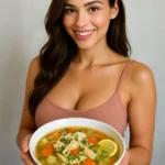 Smiling young adult enjoying a bowl of homemade Quick Savory Chicken Soup