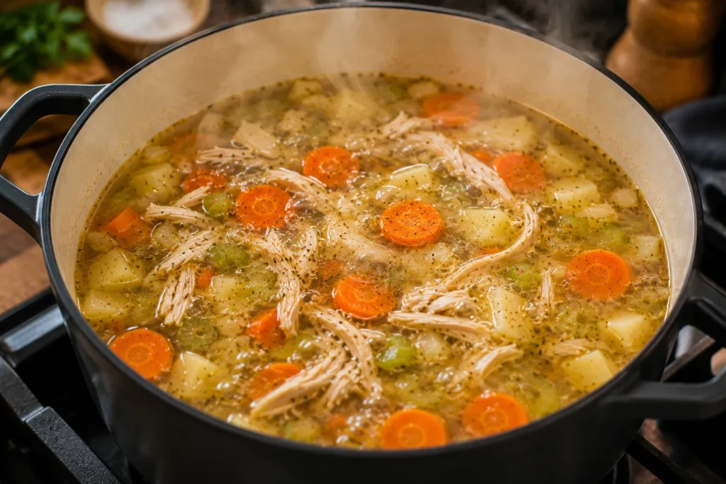 Quick Savory Chicken Soup gently simmering with shredded chicken, carrots, celery, potatoes, and herbs in a cooking pot.