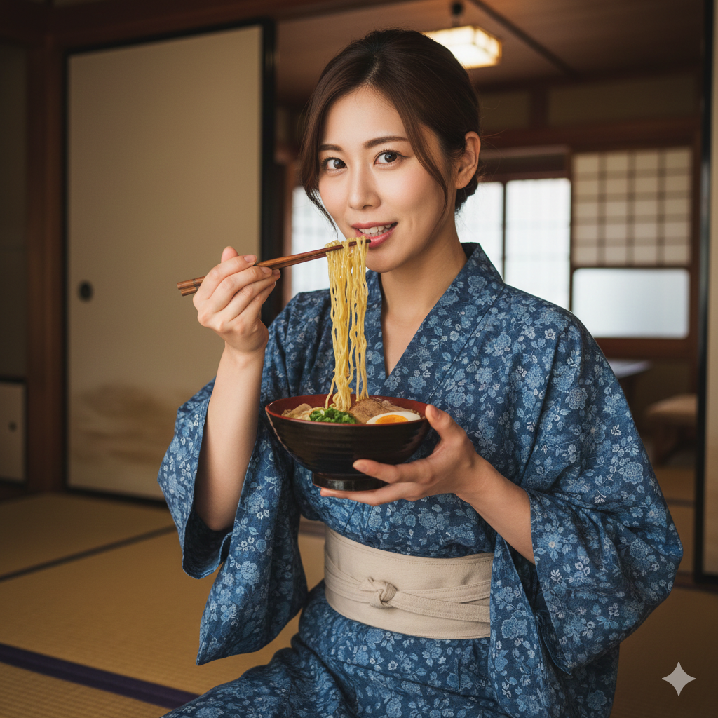 A healthy, smiling Japanese village girl in casual traditional clothing, happily eating a bowl of fresh ramen noodles in a cozy traditional home setting