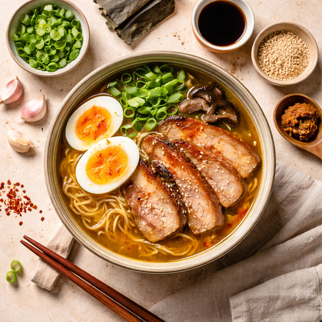 Top view of homemade ramen bowl with rich golden broth, noodles, chashu pork, soft boiled egg, mushrooms, and scallions on a clean single color background