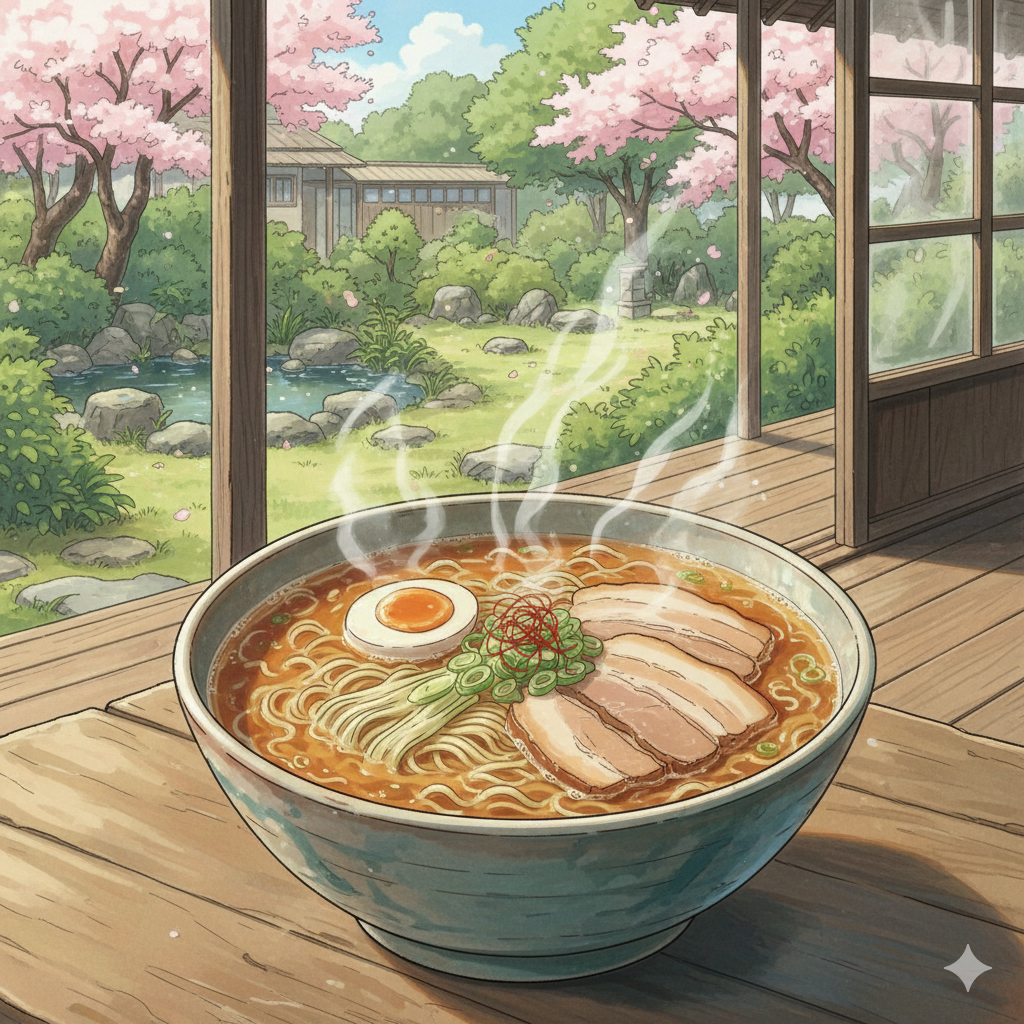 anime illustration of a steaming bowl of ramen with rich toppings, rendered with a cozy, inviting watercolor texture and no characters