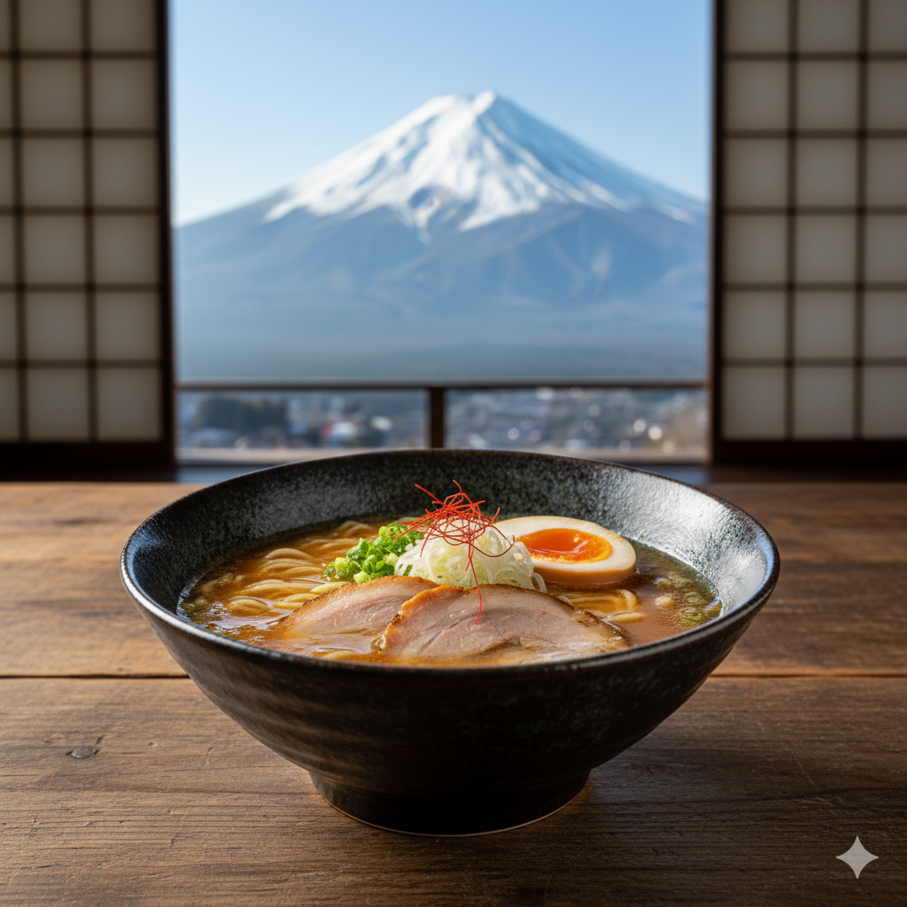 Gourmet chef-style ramen bowl presented against a stunning, scenic backdrop of Mount Fuji, perfectly complementing the delicious meal