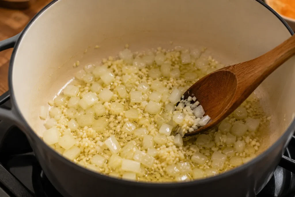 Garlic and diced onion sautéing in olive oil inside a soup pot as the first step of making Quick Savory Chicken Soup.