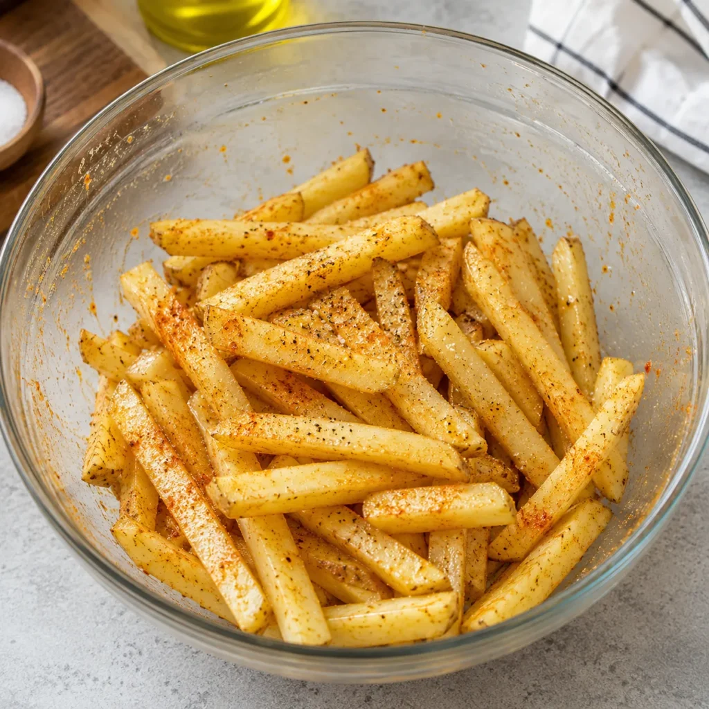 Potato fries coated with olive oil, paprika, garlic powder, black pepper, and salt before air frying.