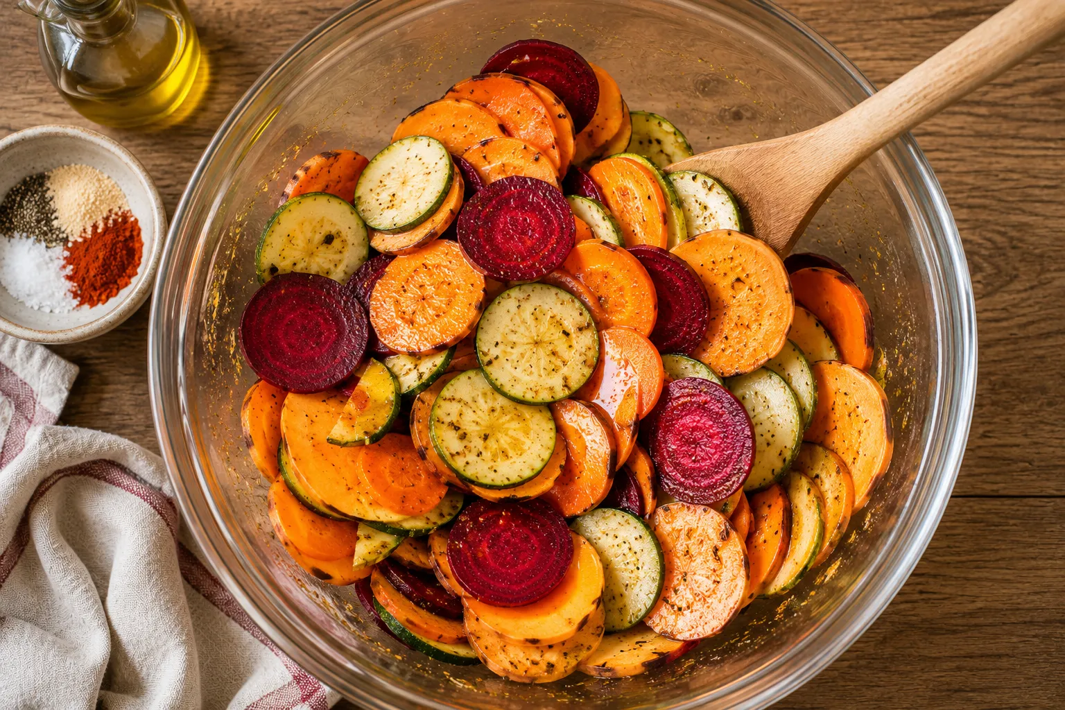 Colorful vegetable slices coated with olive oil, garlic powder, smoked paprika, salt, and black pepper in a mixing bowl.