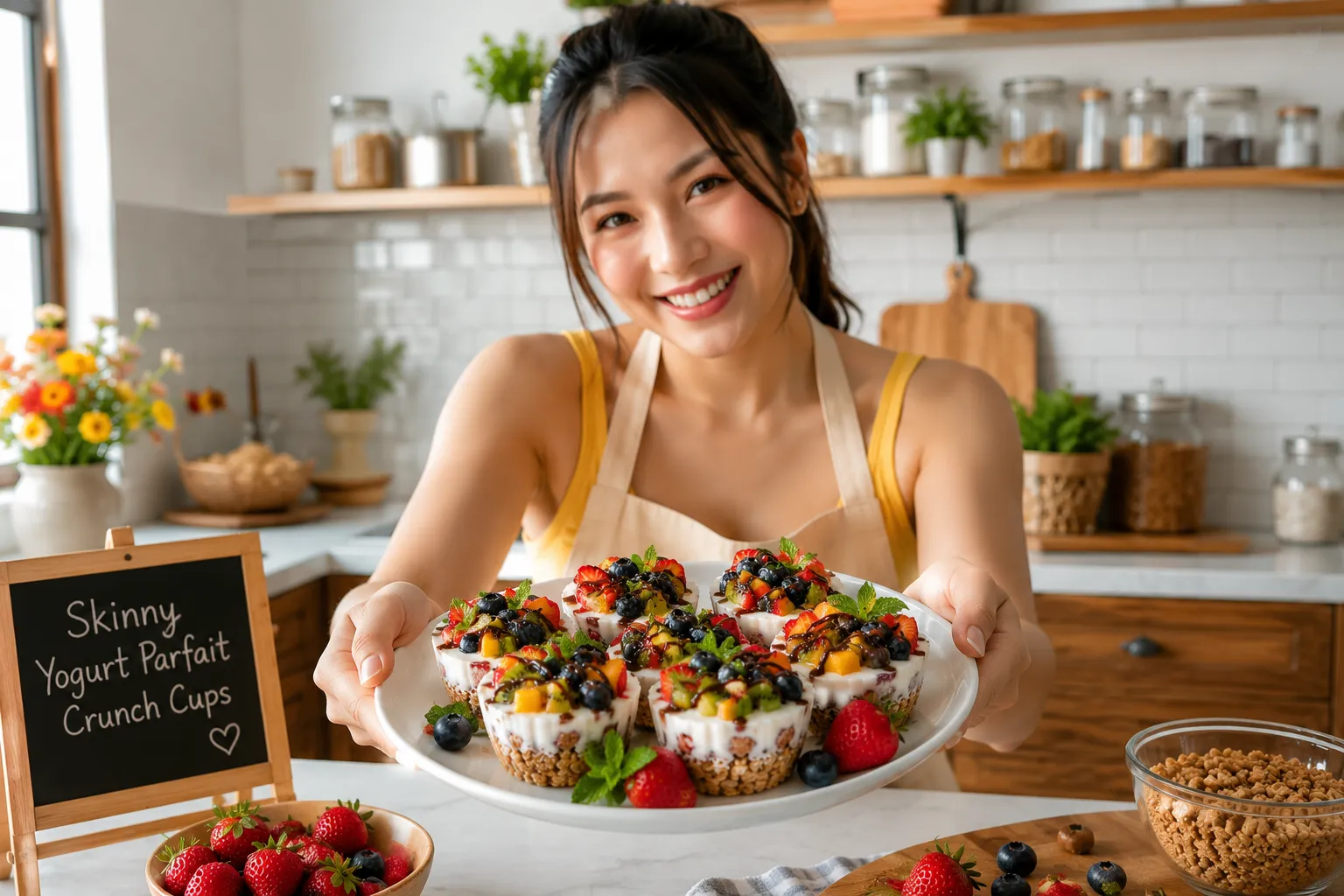 Beautiful woman serving homemade Skinny Yogurt Parfait Crunch Cups in a modern kitchen while wearing a yellow tank top and cream apron.