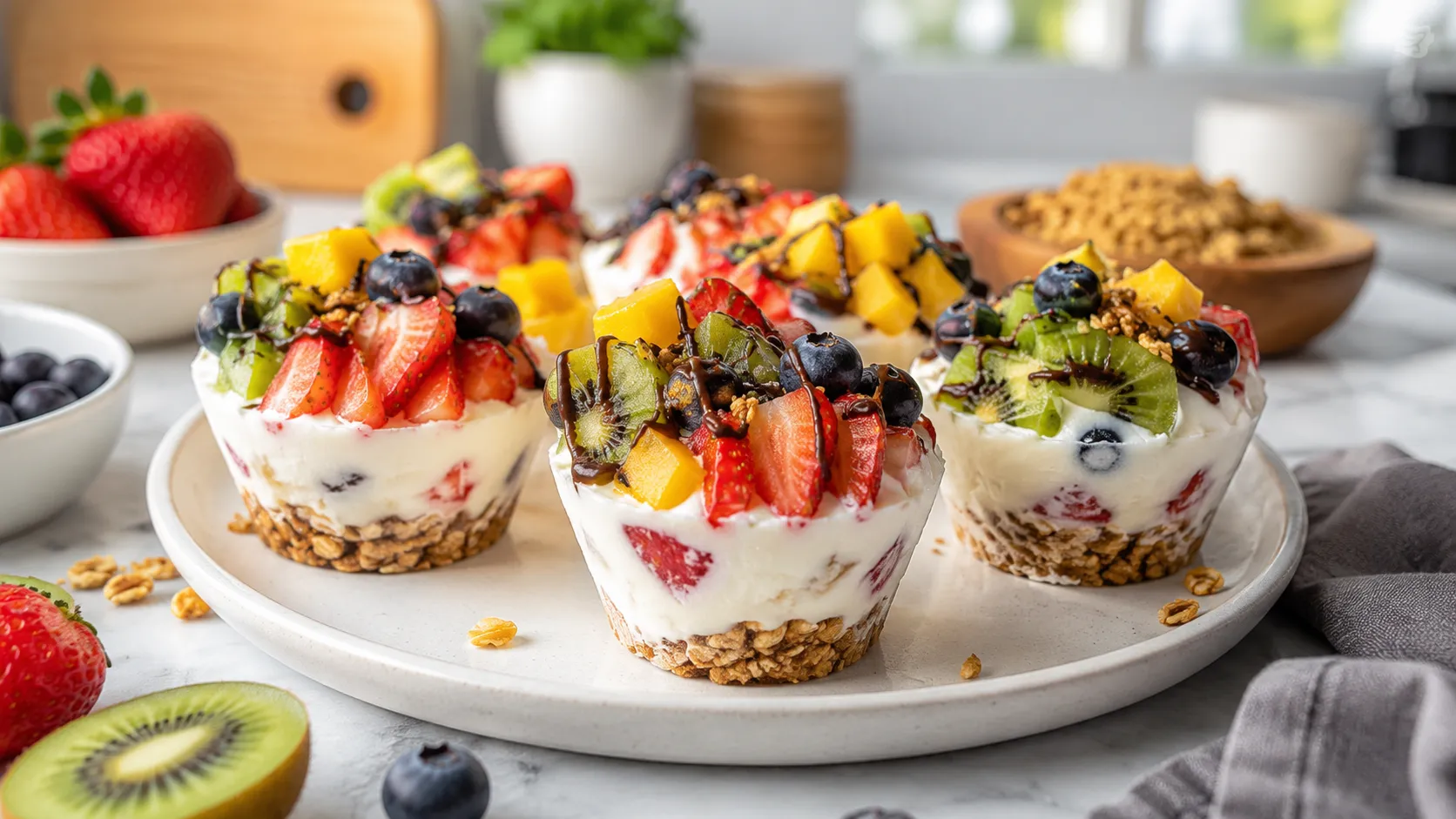 Skinny Yogurt Parfait Crunch Cups topped with fresh strawberries, blueberries, kiwi, and mango on a white ceramic plate in a bright modern kitchen.