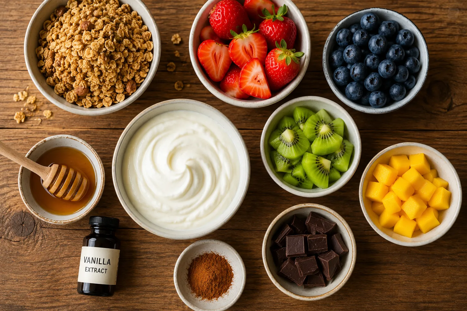 Greek yogurt, granola, strawberries, blueberries, kiwi, mango, honey, vanilla extract, cinnamon, and dark chocolate arranged for Skinny Yogurt Parfait Crunch Cups.