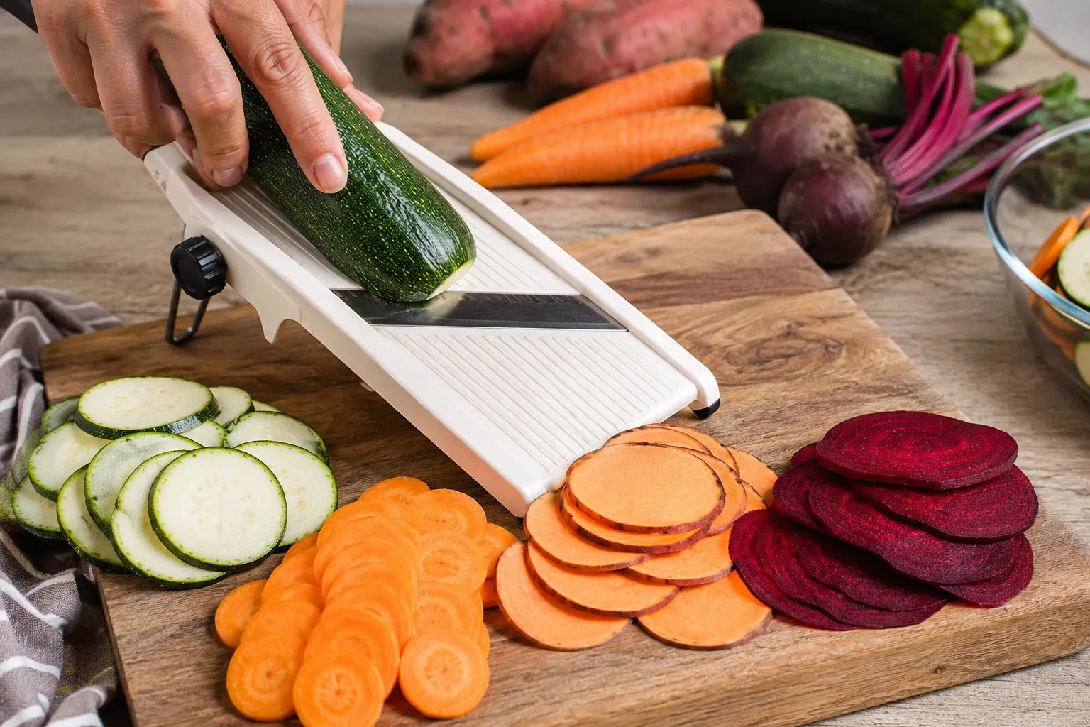 Thinly slicing zucchini, carrots, sweet potatoes, and beetroot with a mandoline slicer for crispy Air Fryer Veggie Chips.