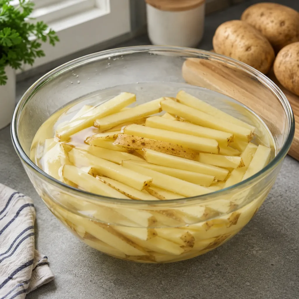 Fresh potato sticks soaking in cold water to remove excess starch before making crispy Air Fryer Fries.