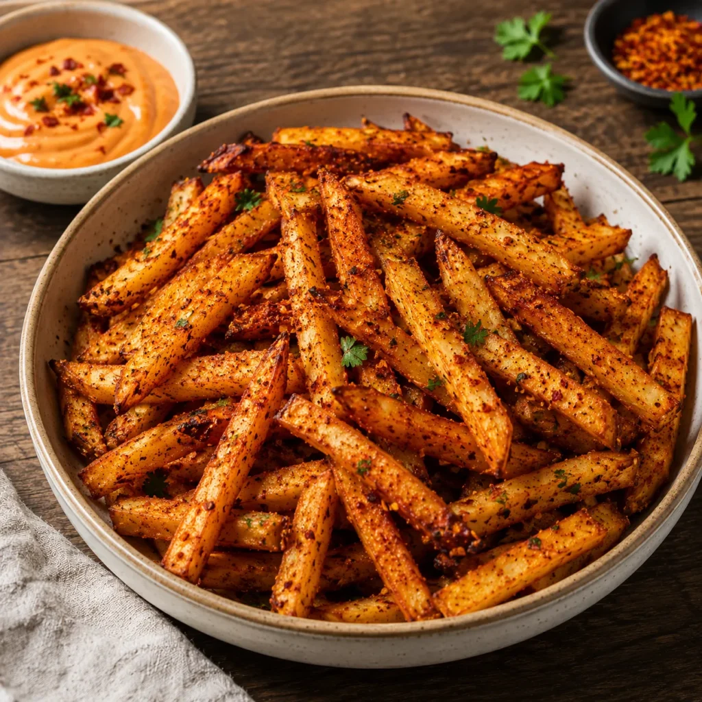 Spicy Air Fryer Fries seasoned with chili flakes and smoked paprika, served with spicy mayo.