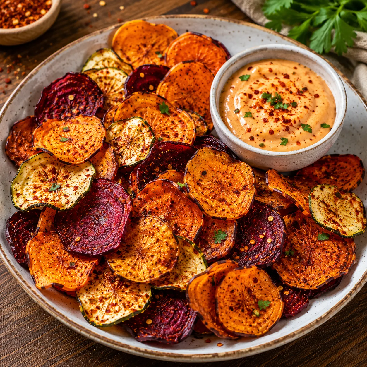 Spicy Air Fryer Veggie Chips seasoned with chili flakes and smoked paprika served with a creamy dipping sauce.