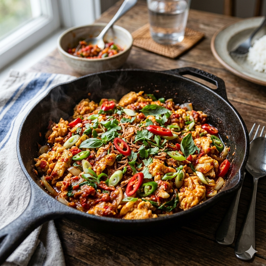 Spicy stir fry eggs with red chilies, green onions, and fresh herbs served hot in a rustic cast iron skillet on a wooden table