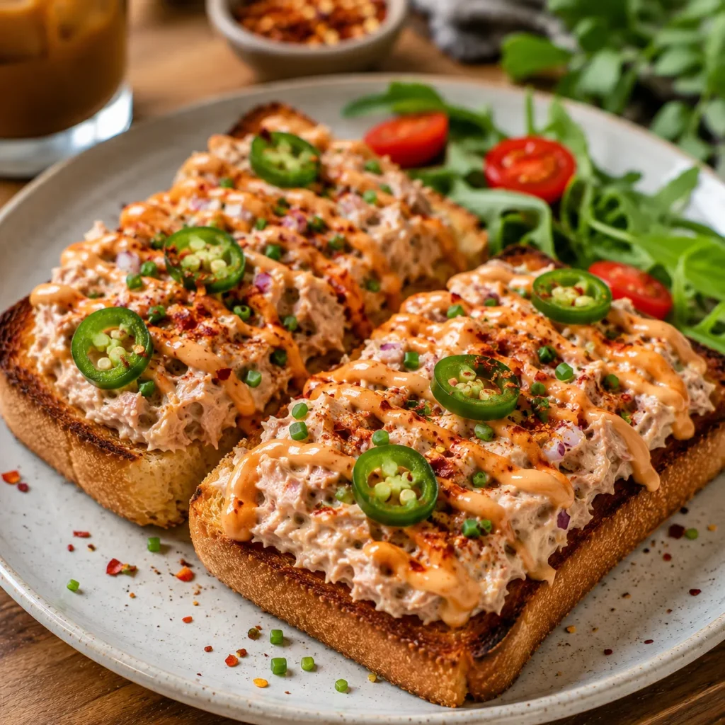 Spicy Tuna Mayo Toast topped with jalapeños, chili flakes, and spicy mayo drizzle.