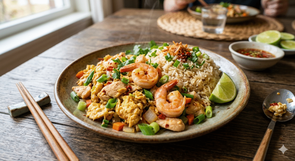 A plate of delicious stir-fried eggs combined with tender chicken pieces and succulent shrimp, served with a side of rice on a wooden table