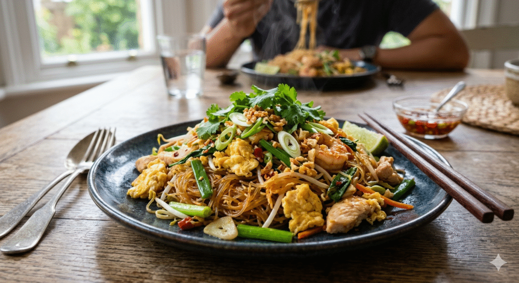 A hearty serving of stir-fried noodles mixed with fluffy scrambled eggs, chicken, and shrimp, garnished with fresh herbs and served in a ceramic bowl