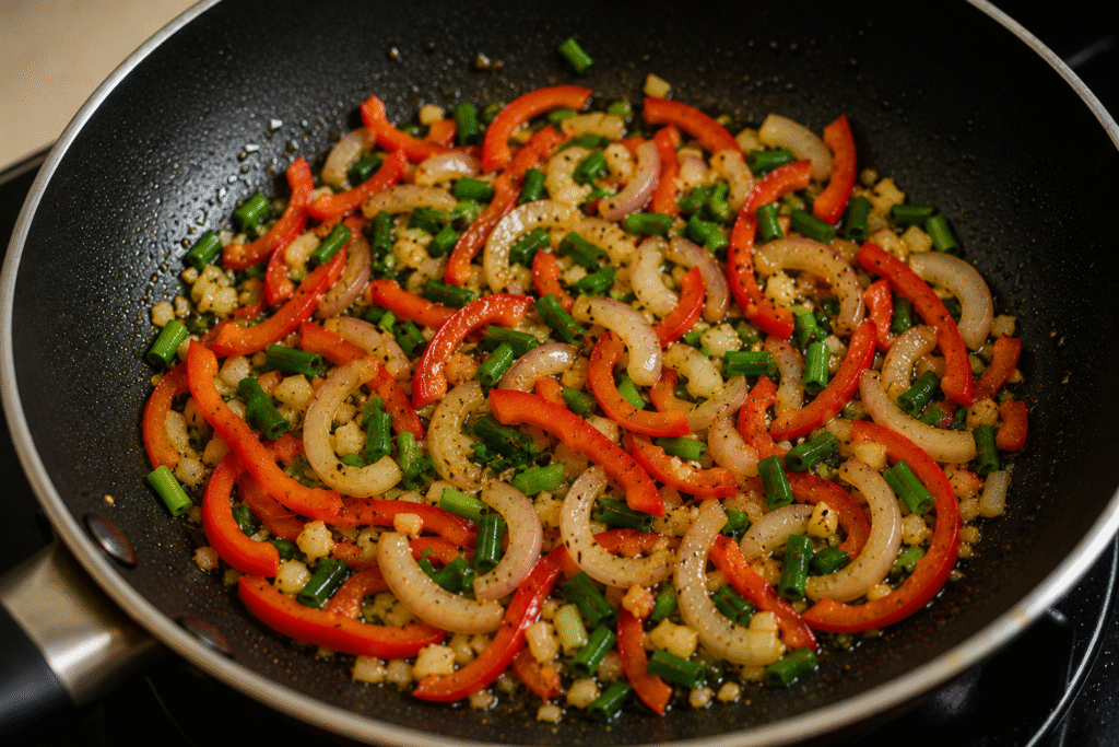 Colorful vegetables cooking in a wok for easy stir fry egg fried rice