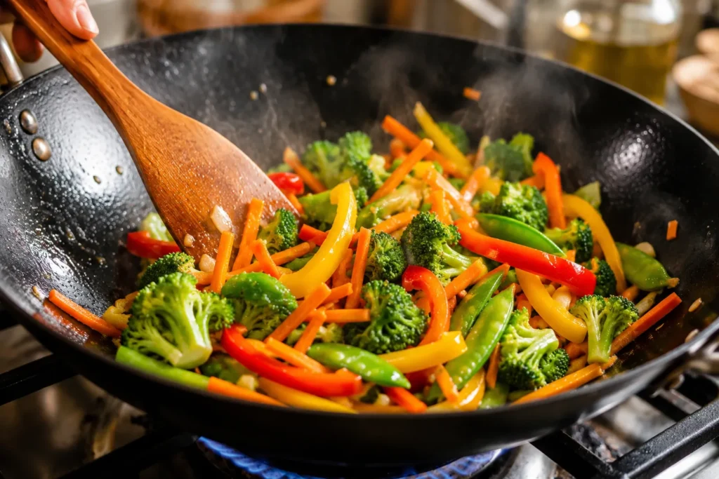 Colorful vegetables being stir-fried in a hot wok with a wooden spatula for a quick homemade veggie stir-fry.
