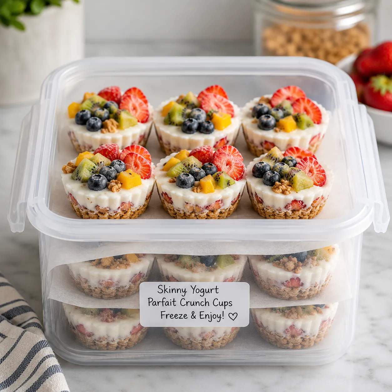 Skinny Yogurt Parfait Crunch Cups stored in an airtight freezer-safe container with parchment paper between each layer.