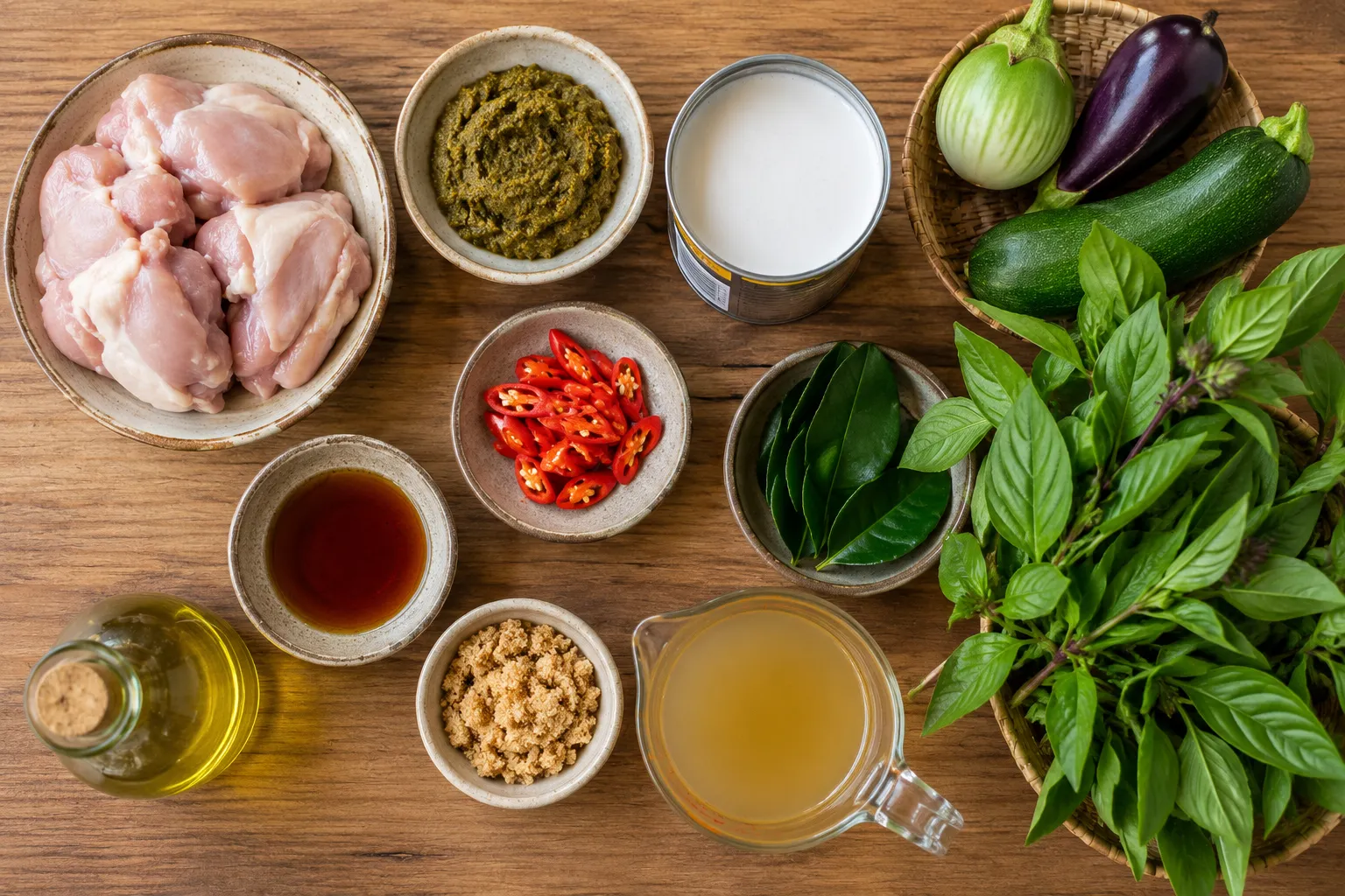 Fresh ingredients for Thai Green Curry including chicken thighs, green curry paste, coconut milk, eggplant, zucchini, Thai basil, kaffir lime leaves, and red chili.