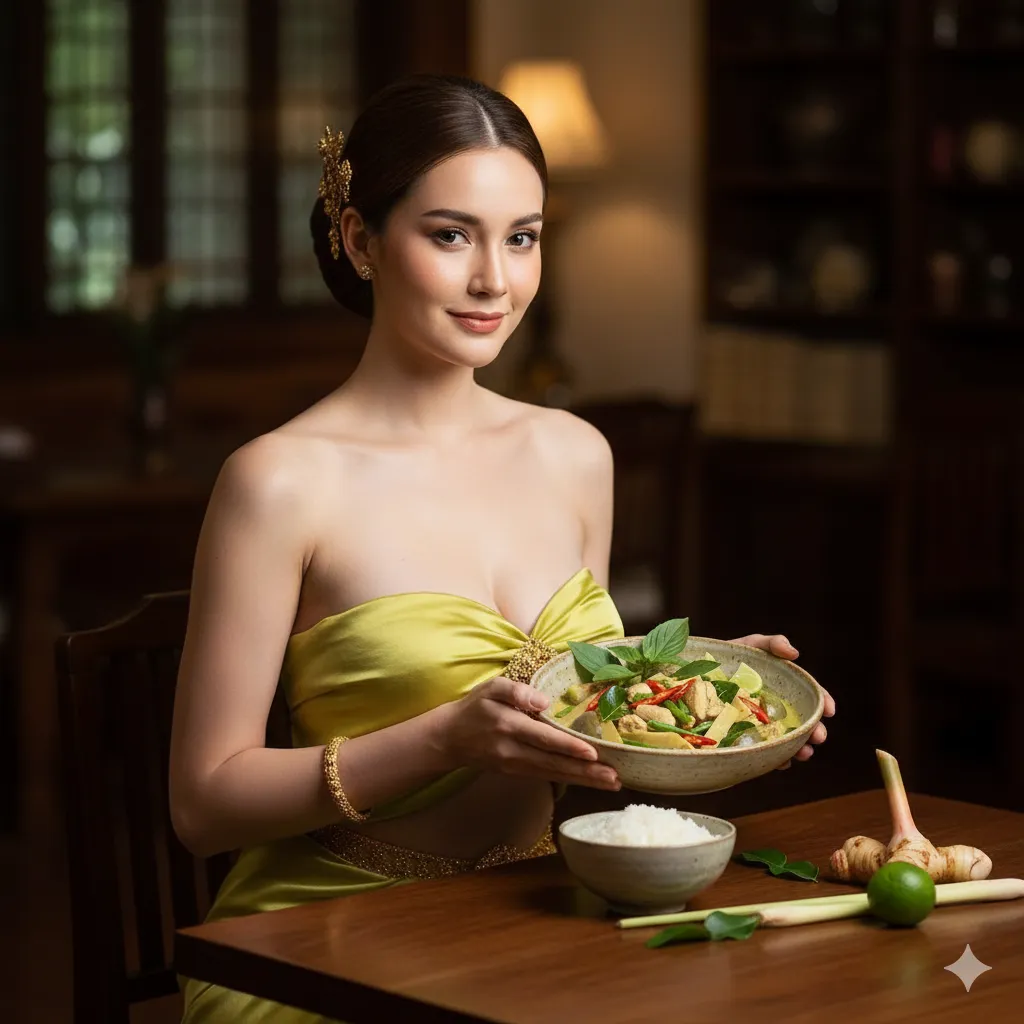 Thai waitress serving authentic Thai green curry in a ceramic bowl on a wooden table, featuring creamy coconut curry with tender chicken, vegetables, and fresh Thai basil.