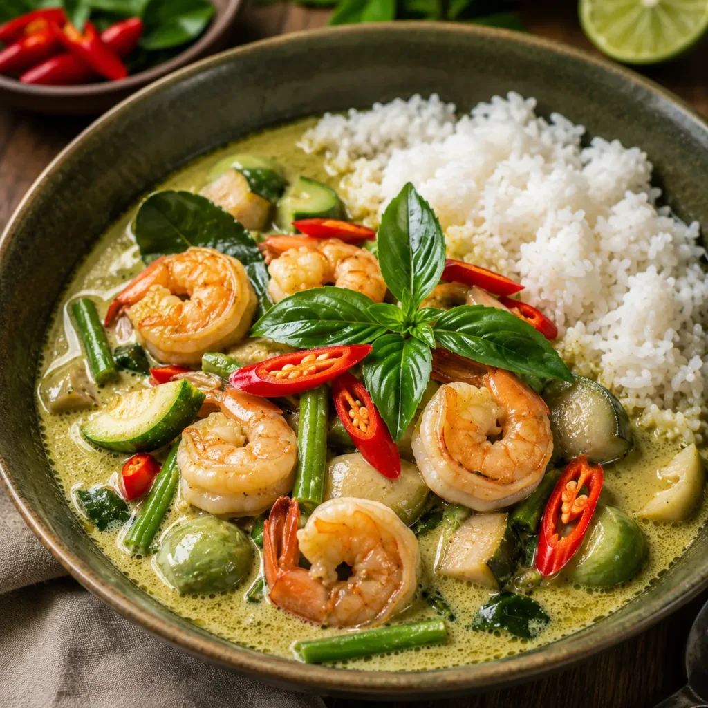 Thai Green Curry with shrimp, fresh vegetables, Thai basil, and creamy coconut broth served with jasmine rice.