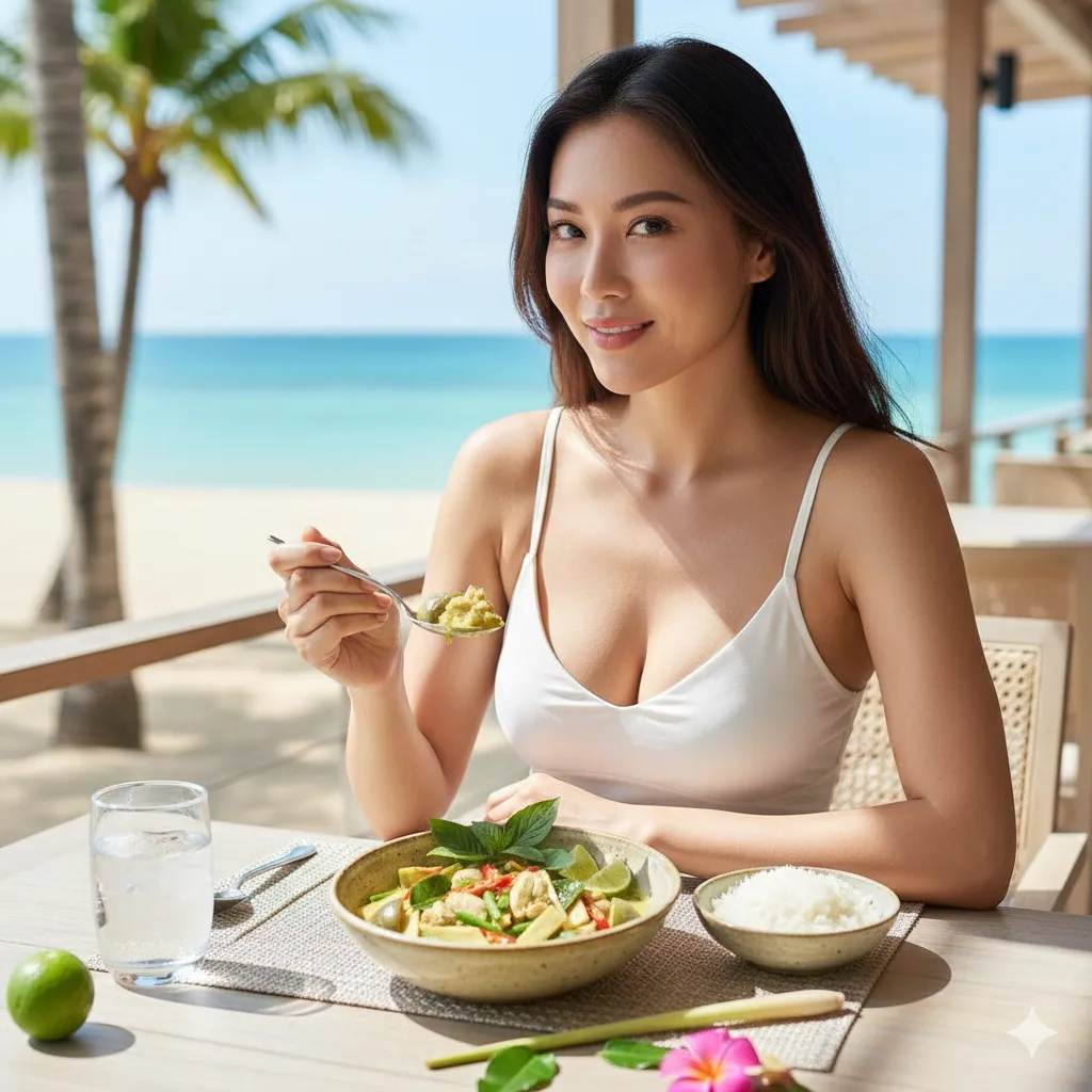 Smiling Thai woman enjoying authentic Thai green curry at a beachside restaurant, featuring creamy coconut curry with tender chicken, fresh vegetables, and Thai basil in a relaxed tropical setting.