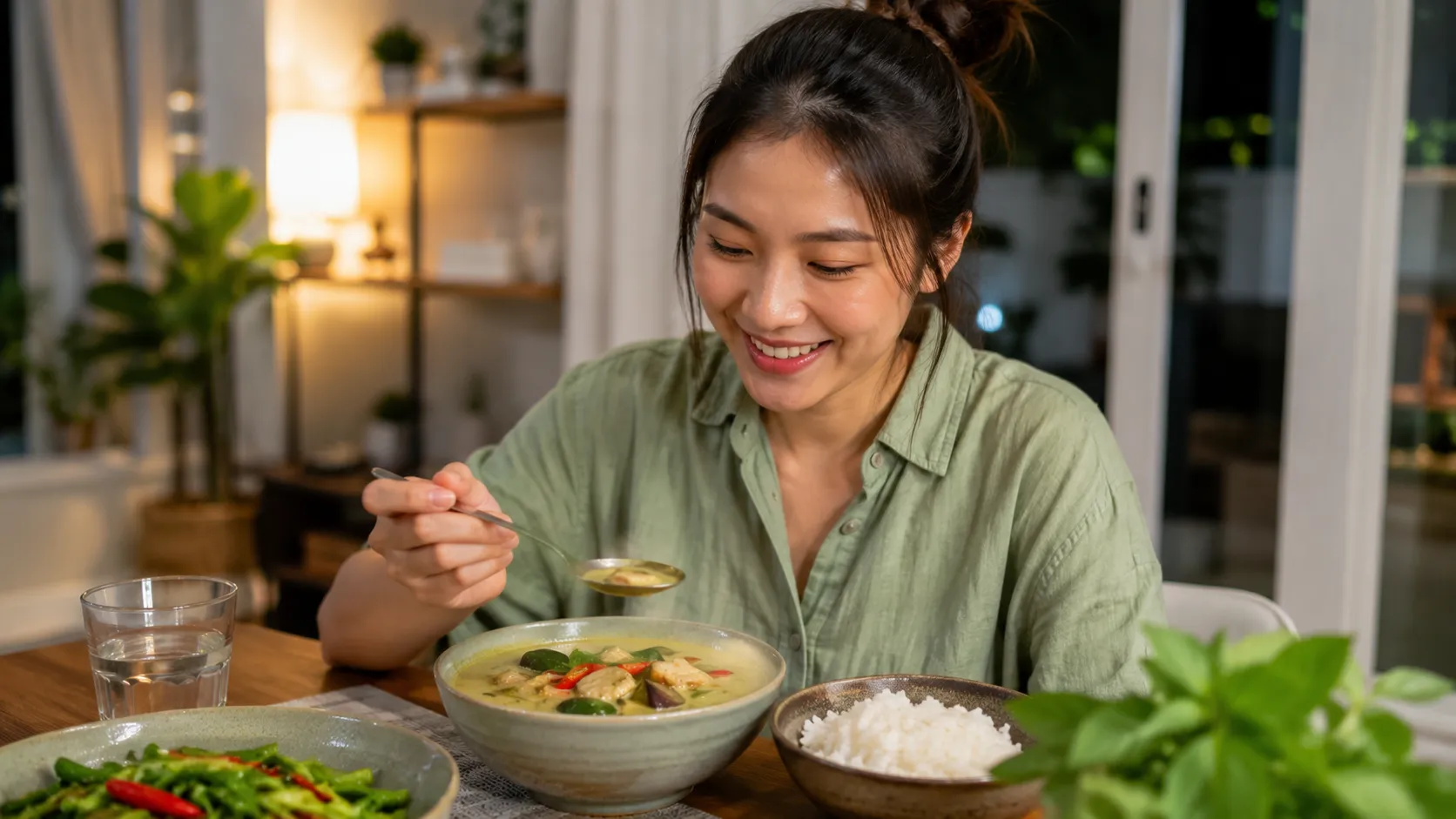 Smiling young adult Thai woman enjoying homemade Thai Green Curry during dinner in a bright modern dining room.