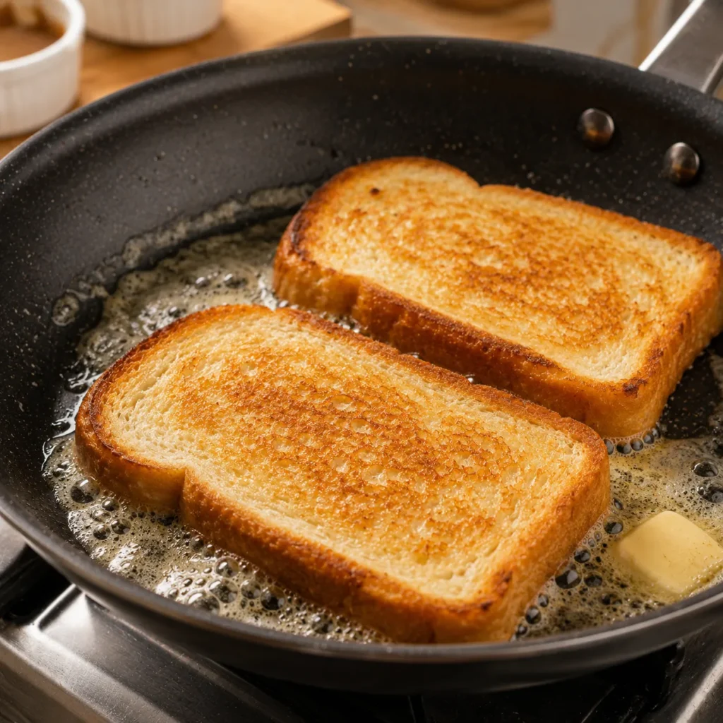 Golden bread slices toasting in butter on a frying pan until crispy and evenly browned.