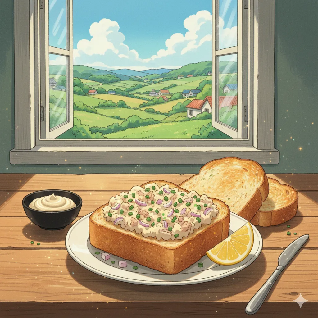 2D cartoon illustration of a tuna mayo toast served on a wooden tray in a cozy kitchen, featuring crispy golden toast topped with creamy tuna mayonnaise.