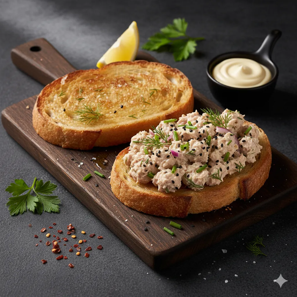 Homemade tuna mayo toast served on a wooden tray against a black background in a professional studio photography setting, featuring crispy golden toast topped with creamy tuna mayonnaise.