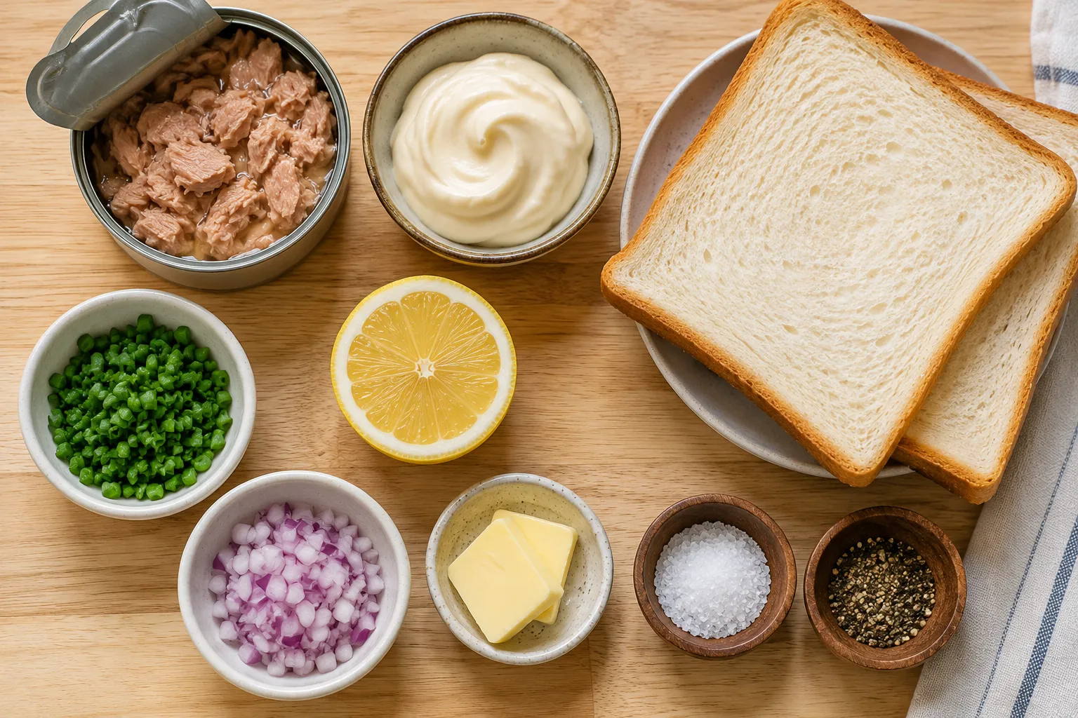 Ingredients for Tuna Mayo Toast including canned tuna, mayonnaise, bread, lemon, chives, onions, butter, salt, and black pepper.