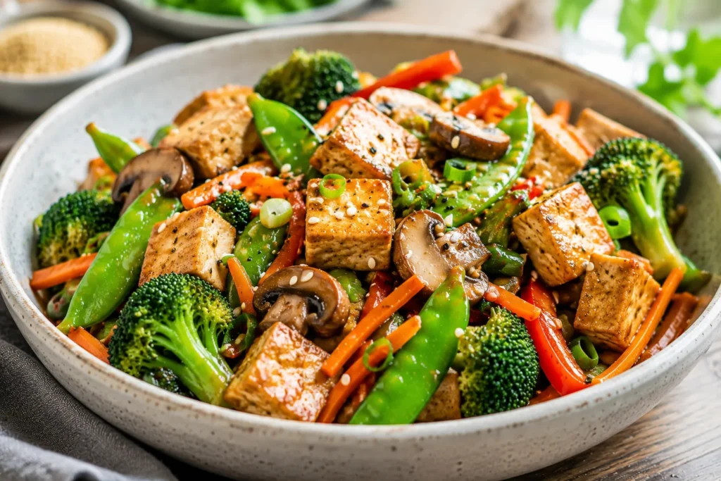 Vegan veggie stir-fry with tofu, broccoli, carrots, mushrooms, snap peas, and sesame seeds served in a ceramic bowl.