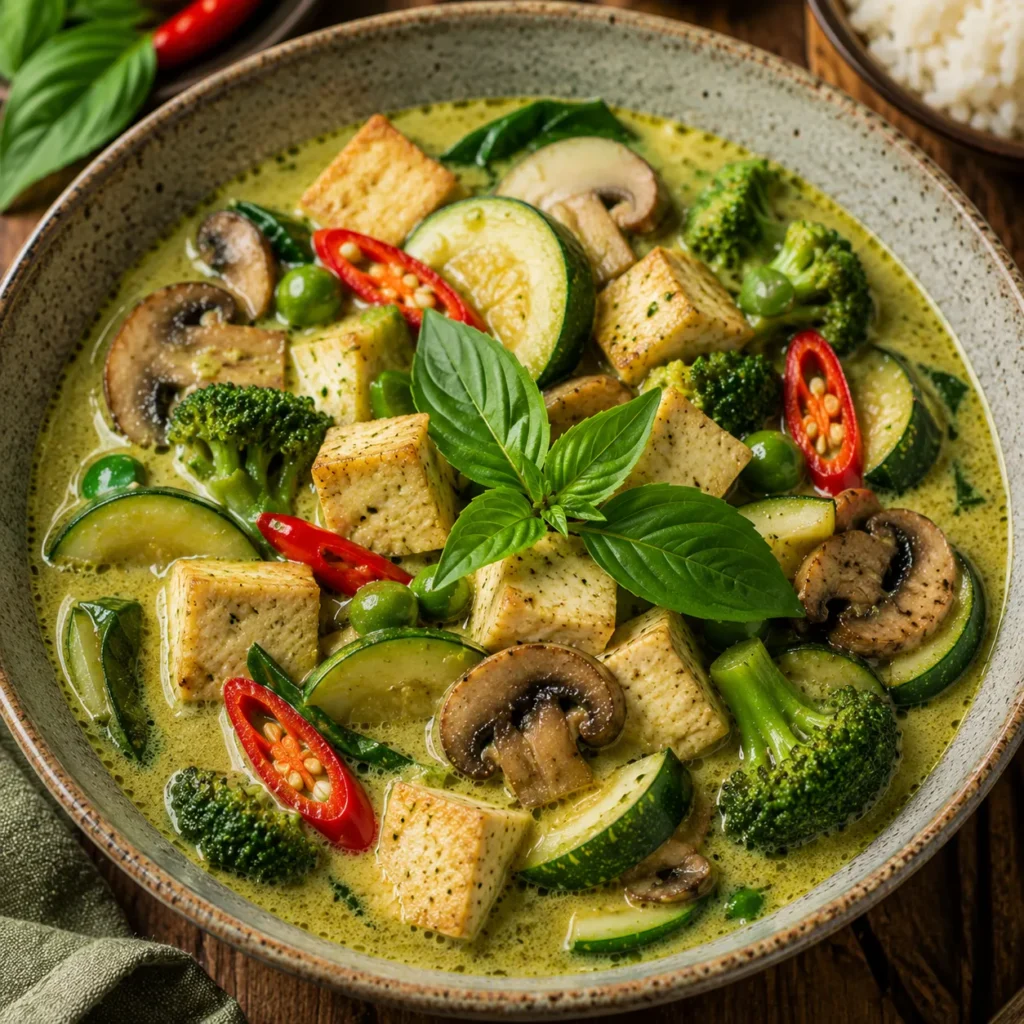 Vegetarian Thai Green Curry with tofu, mushrooms, broccoli, zucchini, and fresh Thai basil in creamy coconut curry.