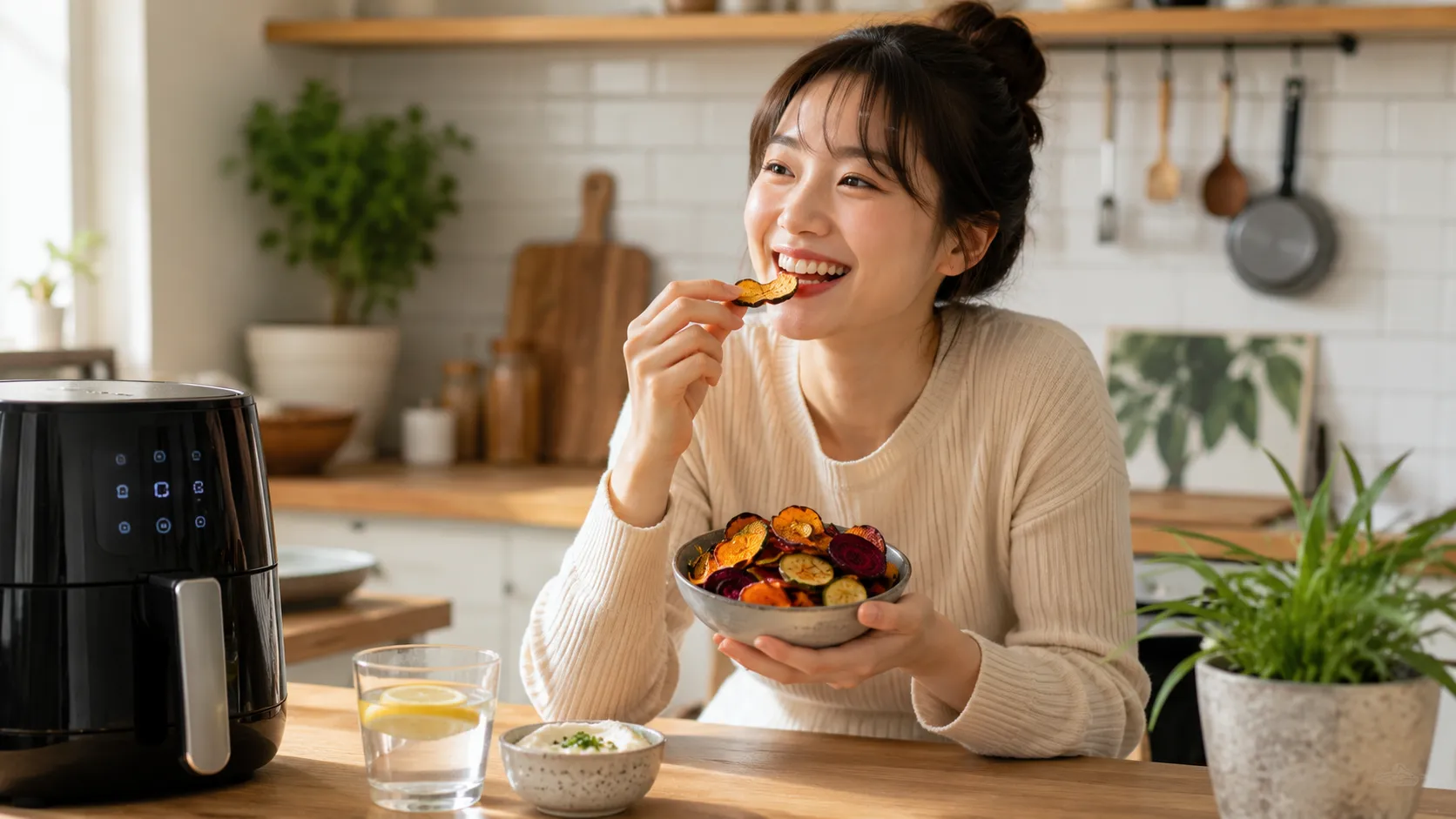 Smiling Korean woman enjoying homemade Healthy Air Fryer Veggie Chips in a bright modern kitchen during an afternoon snack.