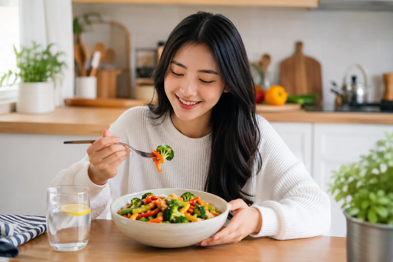 Smiling woman enjoying homemade veggie stir-fry in a bright modern kitchen during a cozy lunch at home.