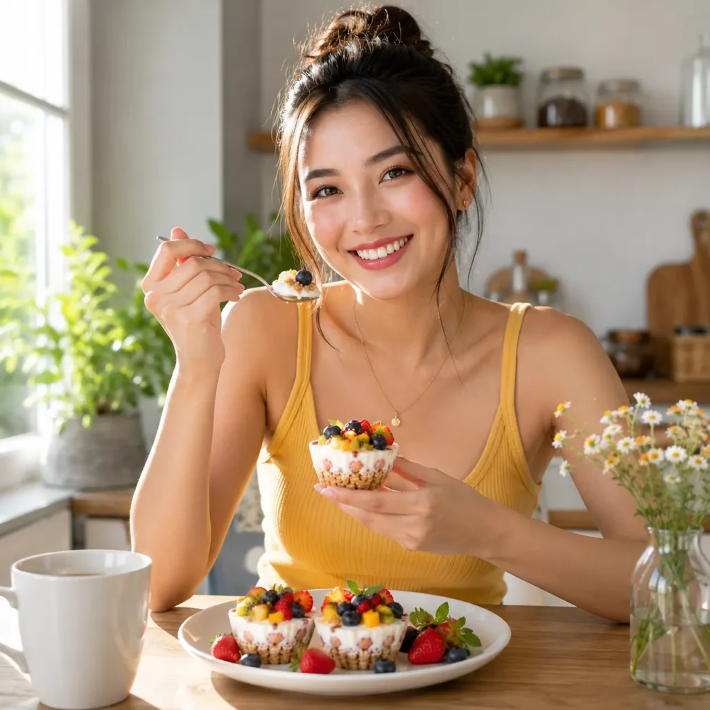 Smiling young woman enjoying homemade Skinny Yogurt Parfait Crunch Cups at a bright breakfast table with natural sunlight.
